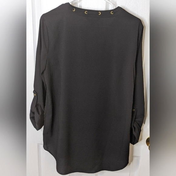 Ellen Tracy Women's Black Top Blouse Laced Grommets Roll Tab Sleeves Size Medium - Picture 2 of 7